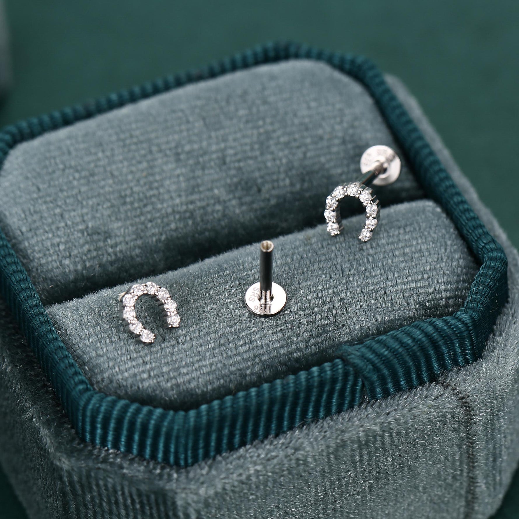 Sterling Silver CZ Horseshoe 16G Flat Back Labret Earrings
