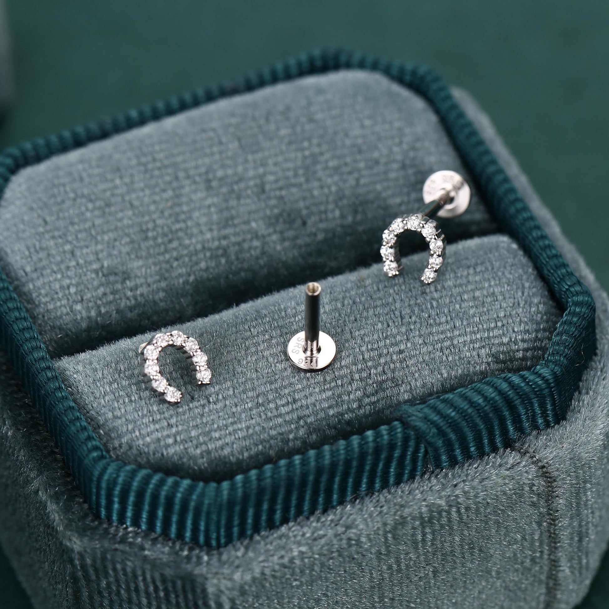 Sterling Silver CZ Horseshoe 16G Flat Back Labret Earrings