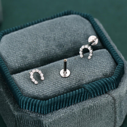 Sterling Silver CZ Horseshoe 16G Flat Back Labret Earrings
