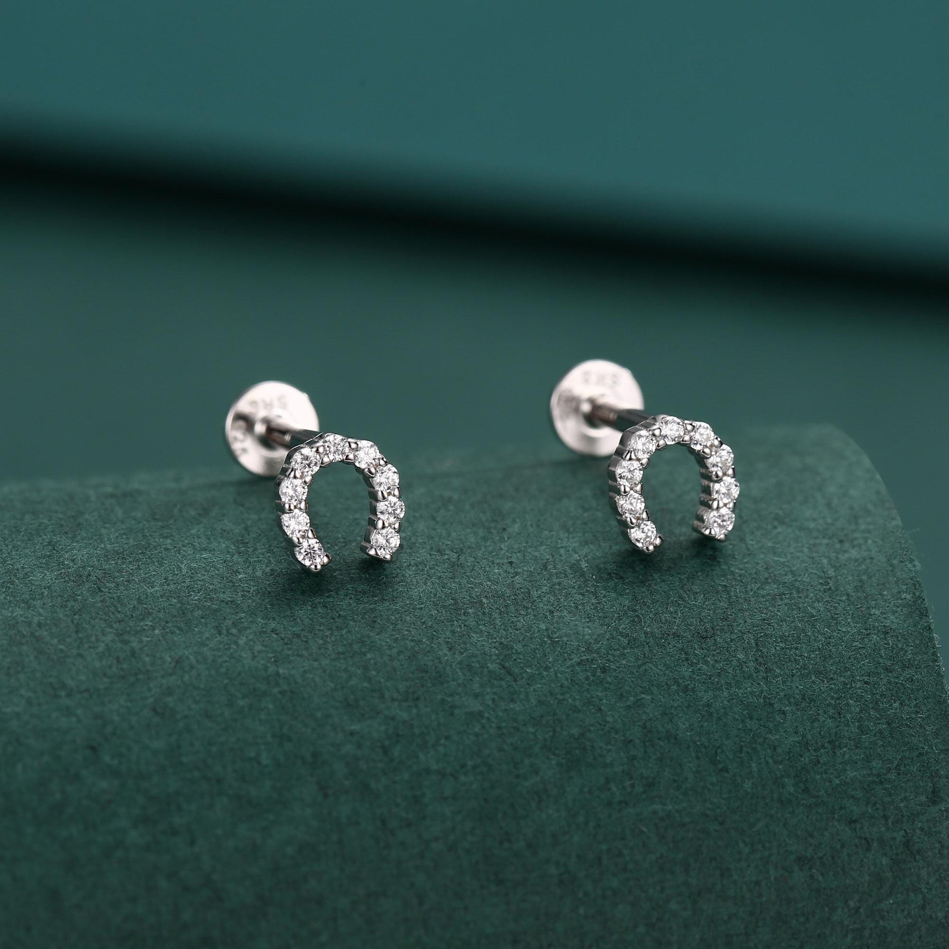 Sterling Silver CZ Horseshoe 16G Flat Back Labret Earrings