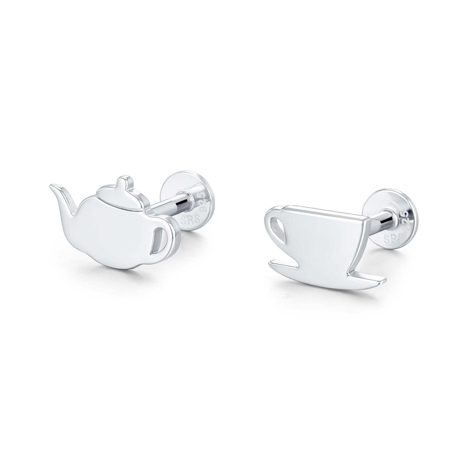 Sterling Silver Teapot and Teacup 16G Mismatched Flat Back Labret Earrings