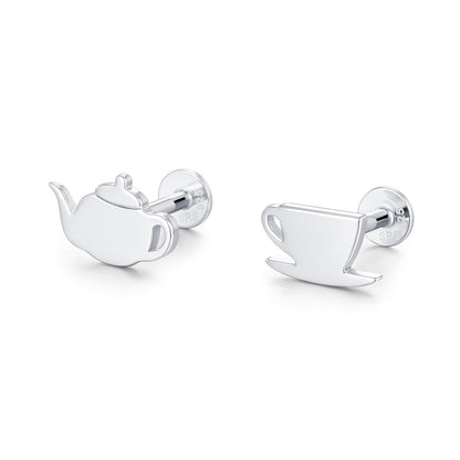 Sterling Silver Teapot and Teacup 16G Mismatched Flat Back Labret Earrings