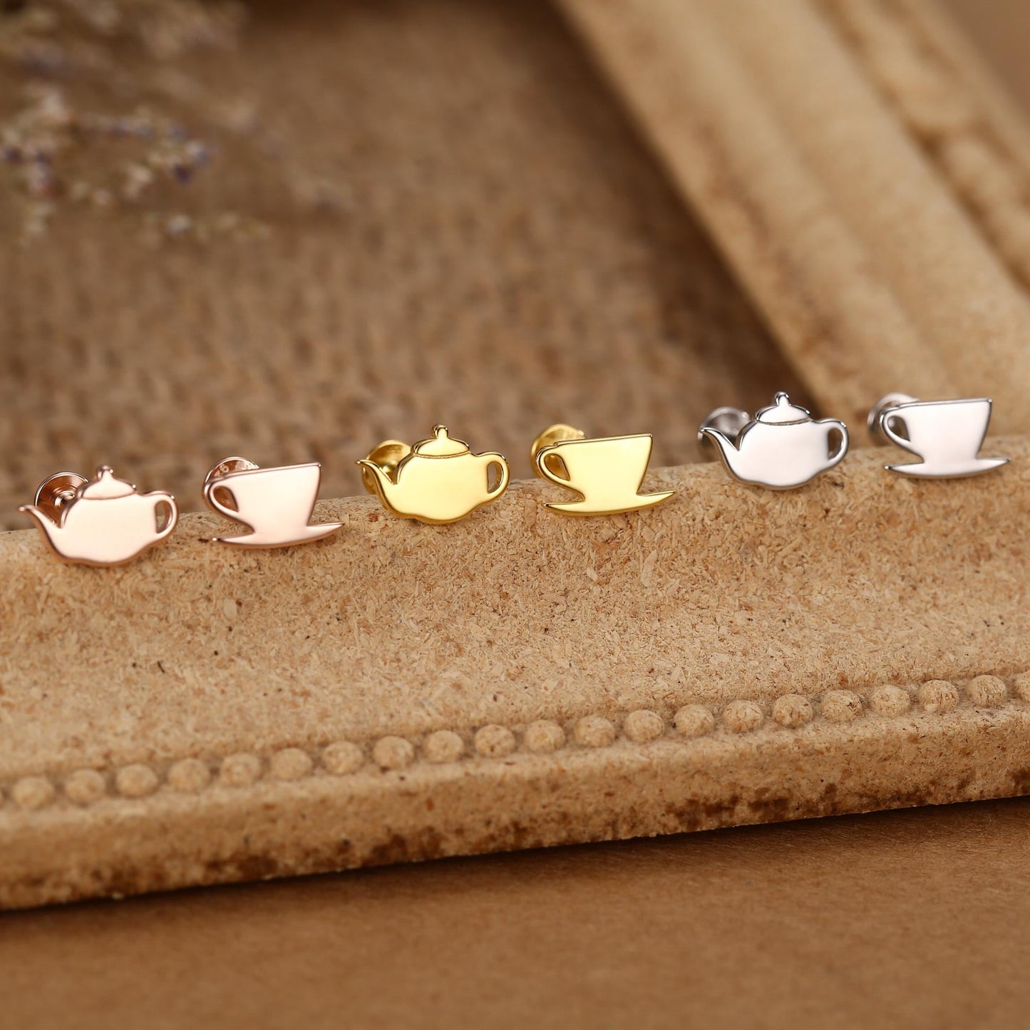 Sterling Silver Teapot and Teacup 16G Mismatched Flat Back Labret Earrings