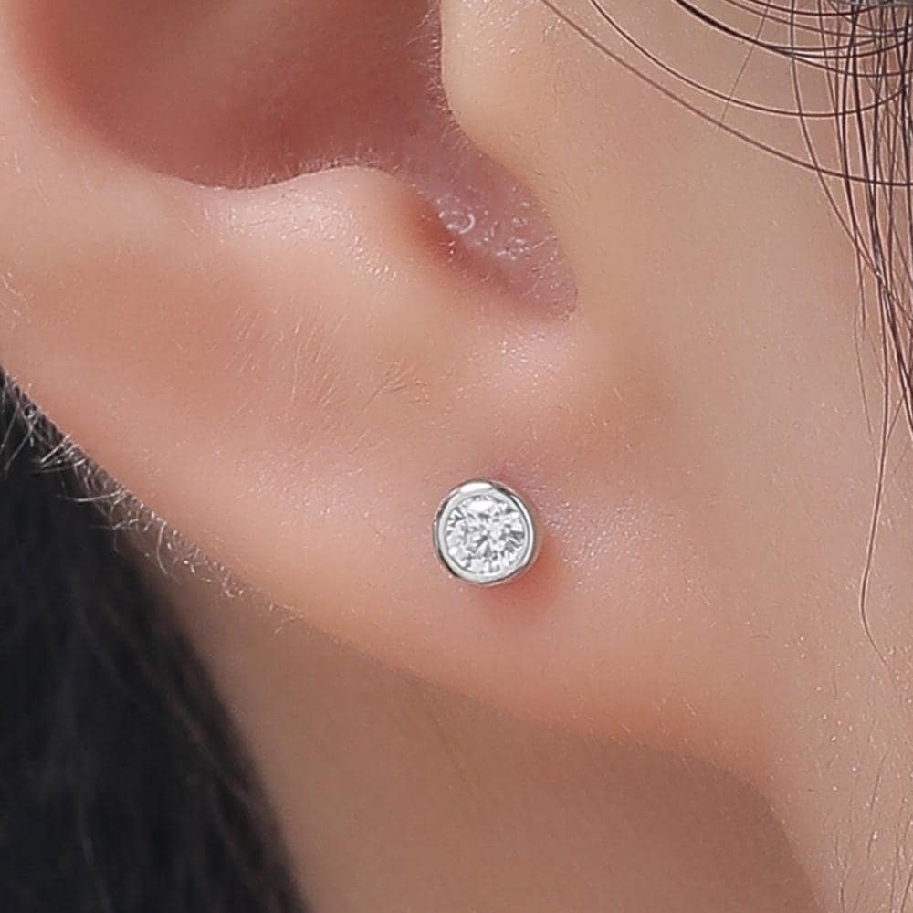 Clear CZ Bezel 16G Internally Threaded Flat Back Earrings in Sterling Silver