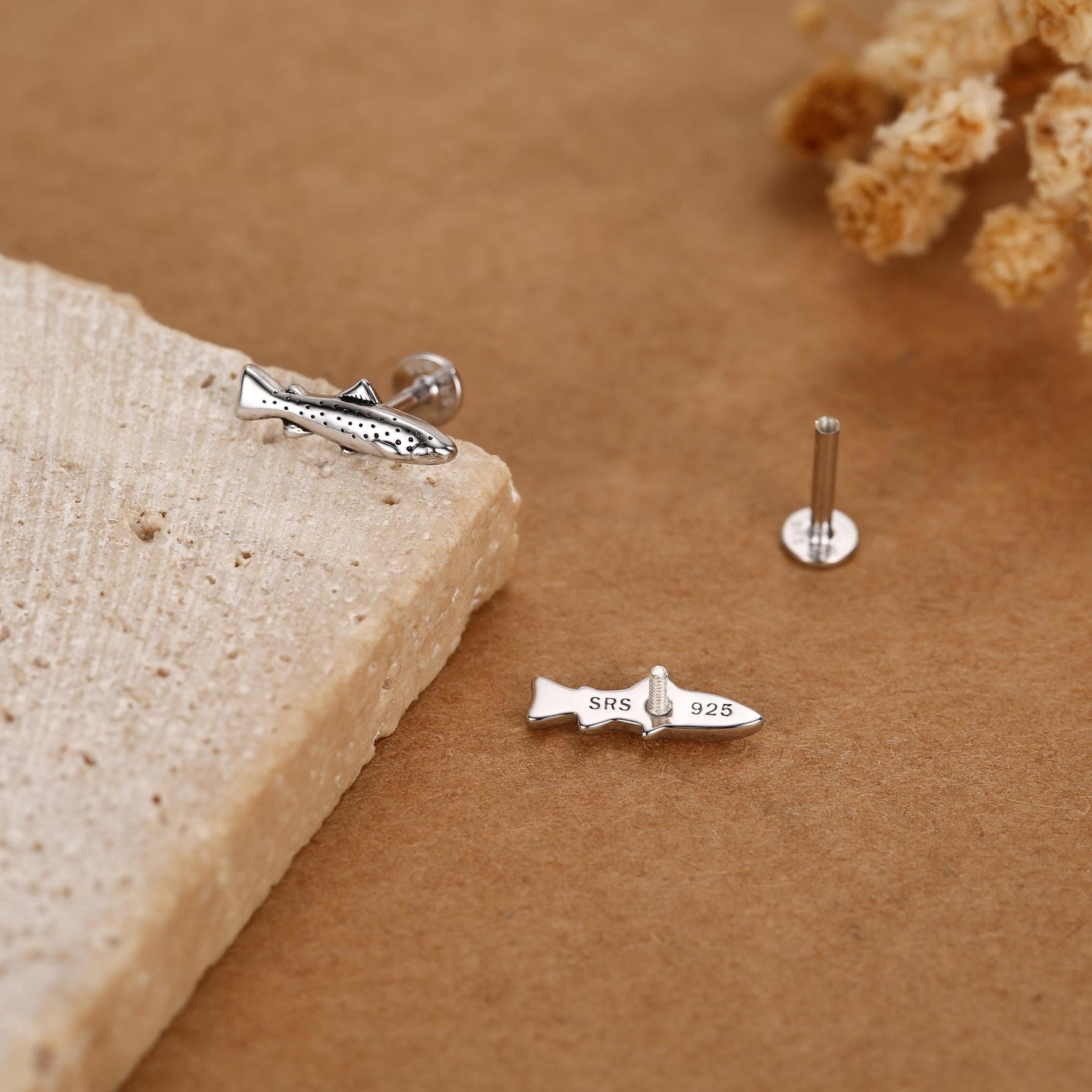 Sterling Silver Trout 16G Flat Back Labret Earrings