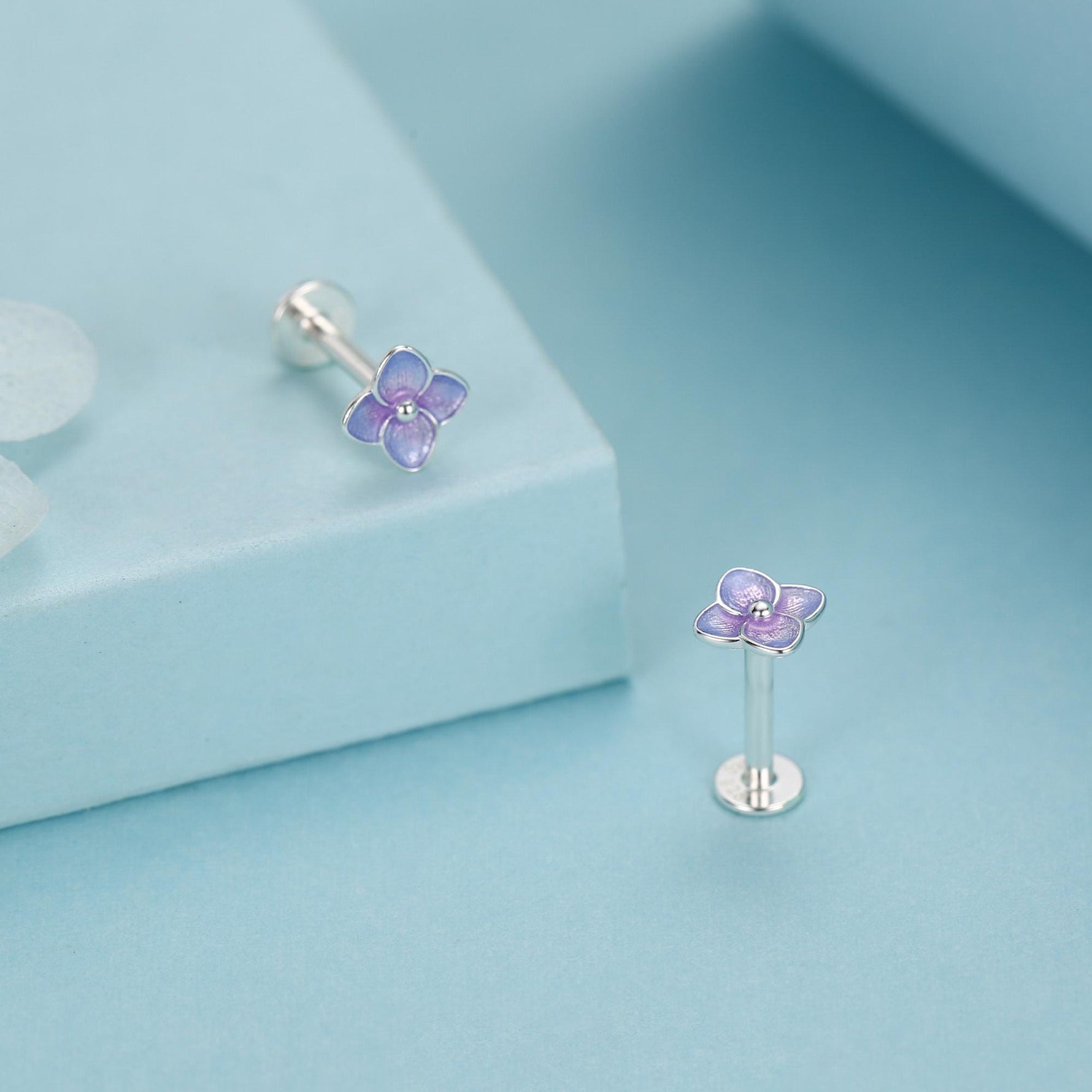 Sterling Silver Purple Hydrangea Flower 16G Flat Back Labret Earrings