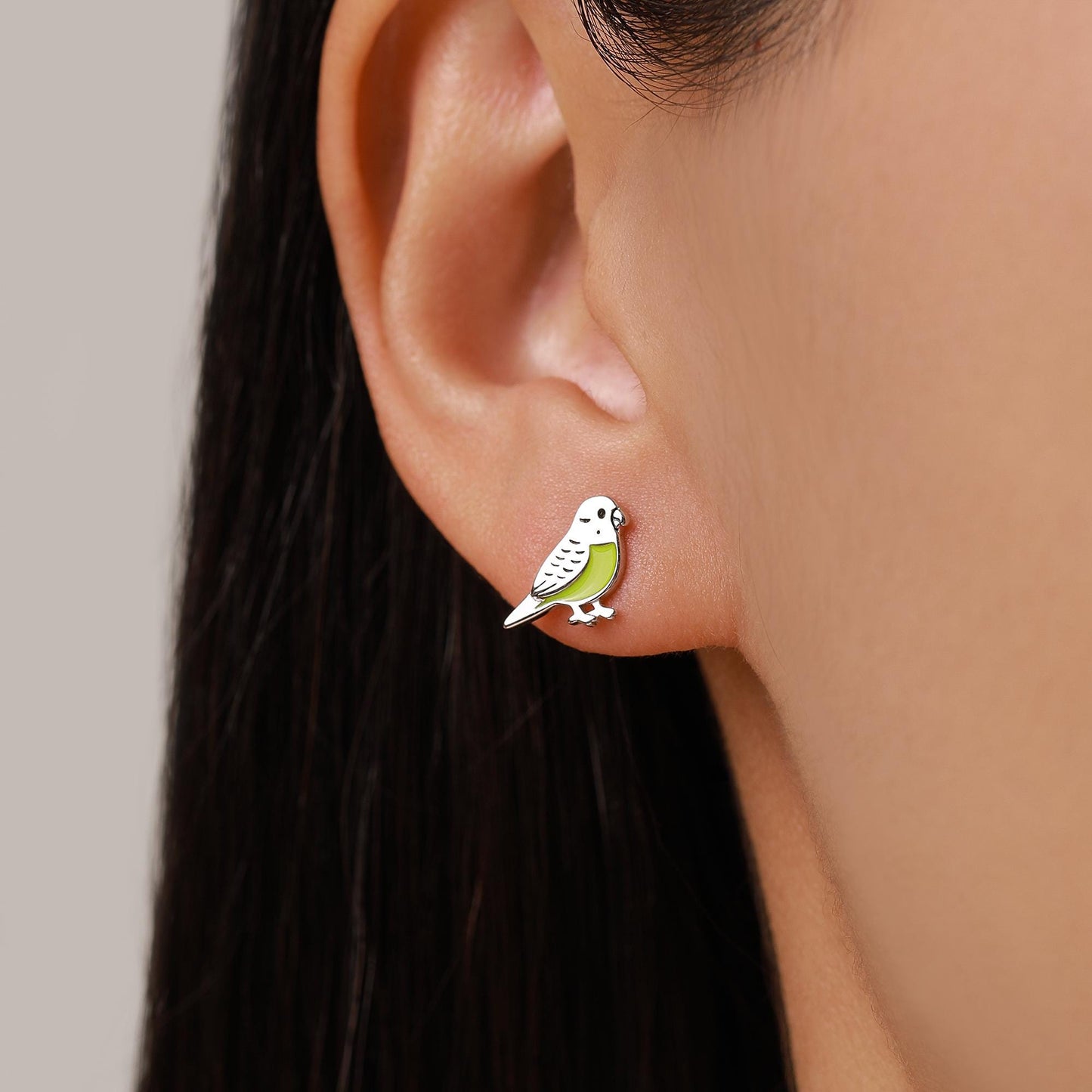 Sterling Silver Green Enamel Budgie Stud Earring