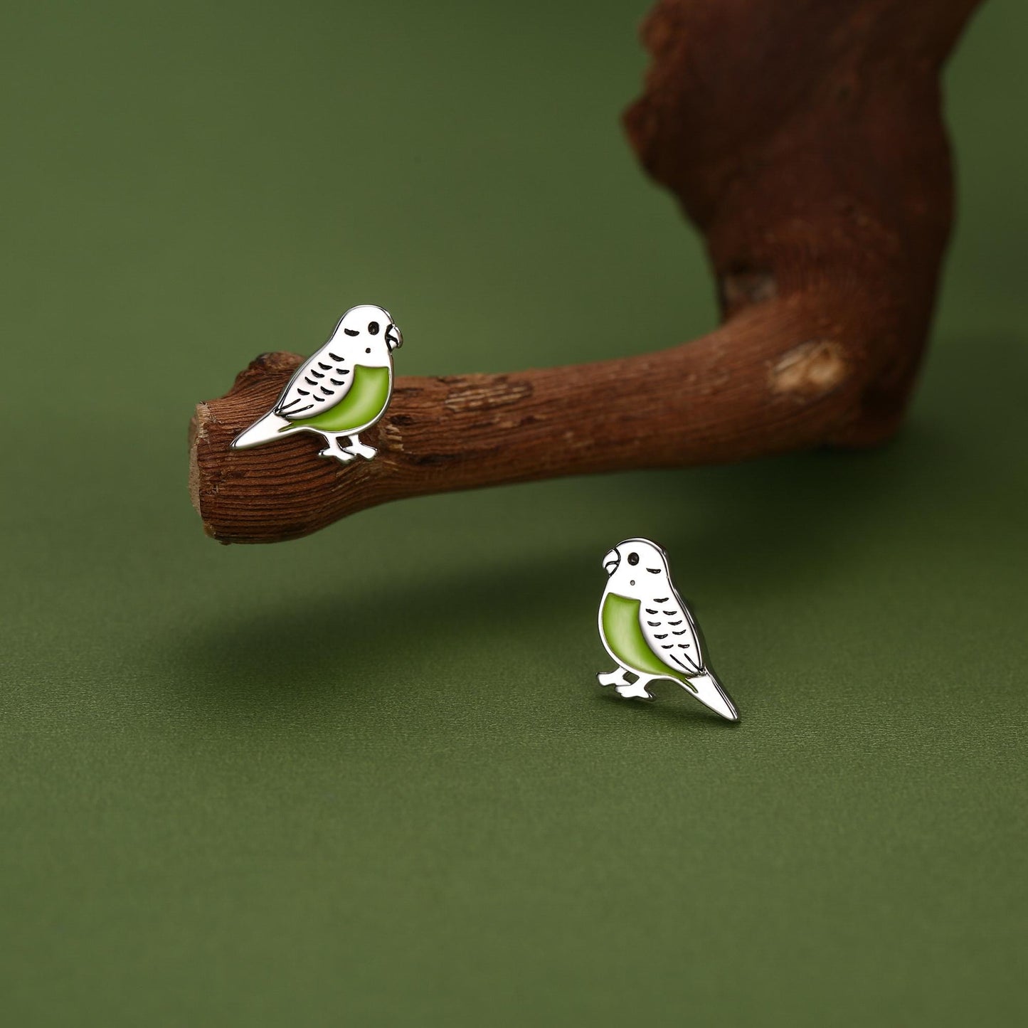Sterling Silver Green Enamel Budgie Stud Earring