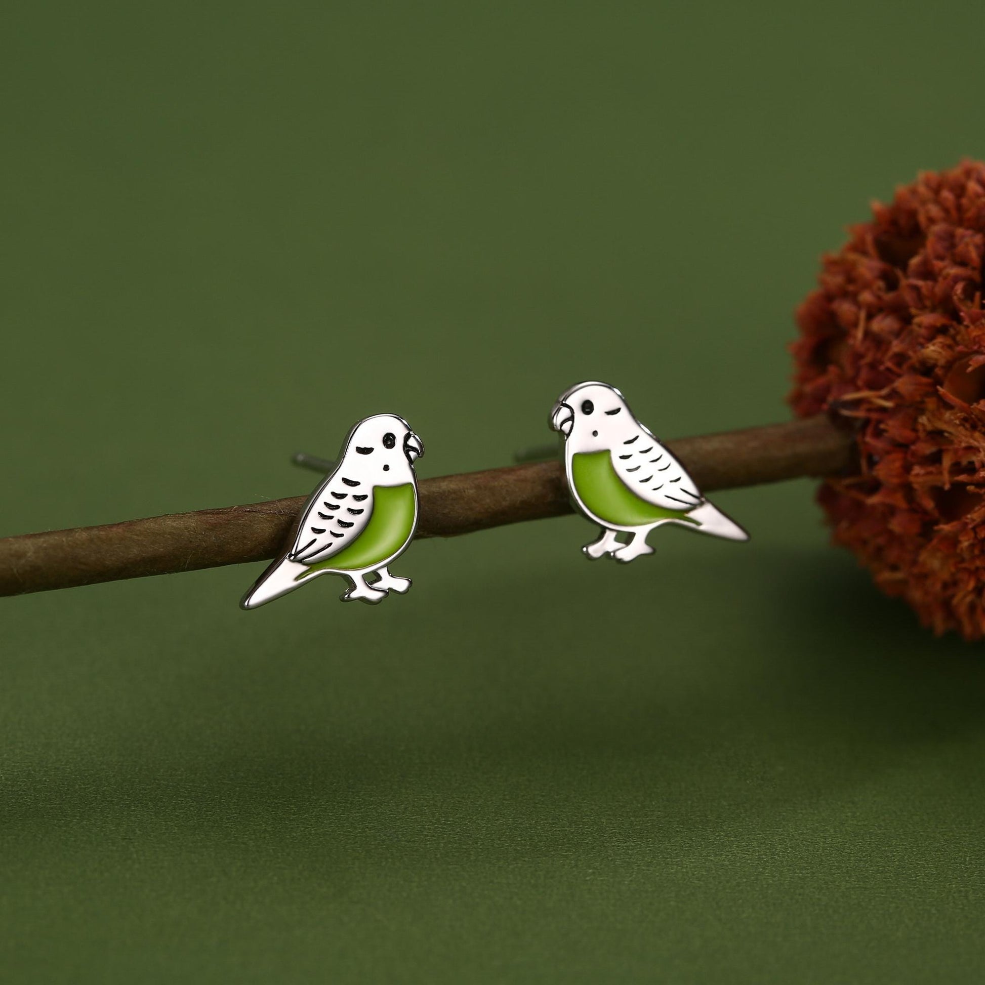 Sterling Silver Green Enamel Budgie Stud Earring