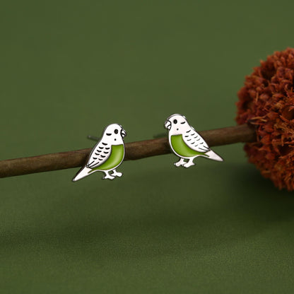 Sterling Silver Green Enamel Budgie Stud Earring