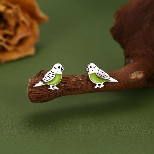 Sterling Silver Green Enamel Budgie Stud Earring