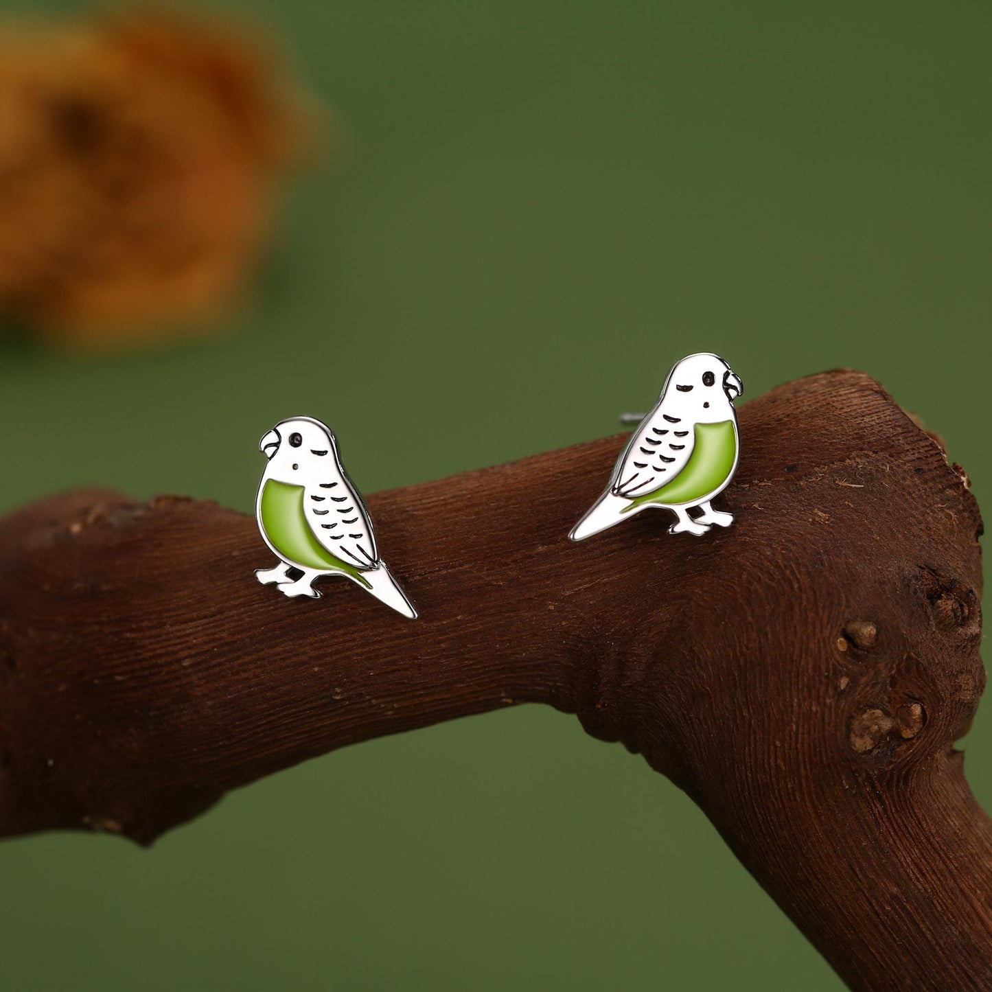 Sterling Silver Green Enamel Budgie Stud Earring