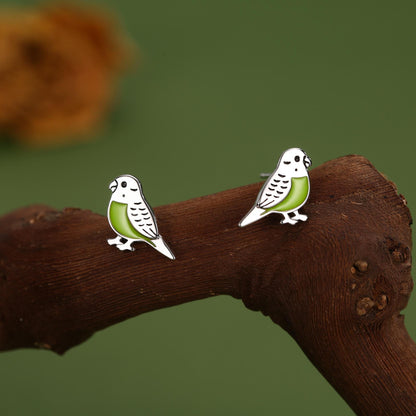 Sterling Silver Green Enamel Budgie Stud Earring