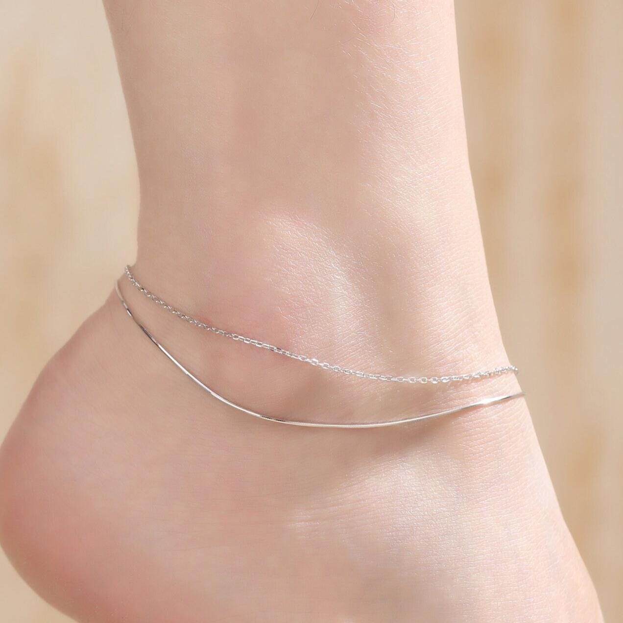 Sterling Silver Double Layer Anklet, Silver or Gold, Two Layer Anklet, Silver Anklet