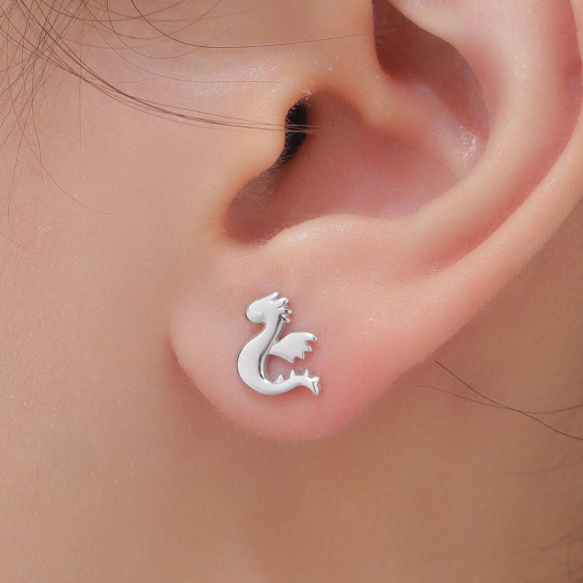 Extra Small Baby Dragon Stud Earrings in Sterling Silver, Silver or Gold or Rose Gold, Sterling Silver Dragon Earrings, Small Dragon Stud