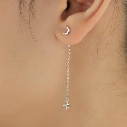 Moon and Star CZ Dangle Earrings in Sterling Silver, Moon and Starburst CZ Dangle Earrings, Silver, Gold or Rose Gold, Front and Back