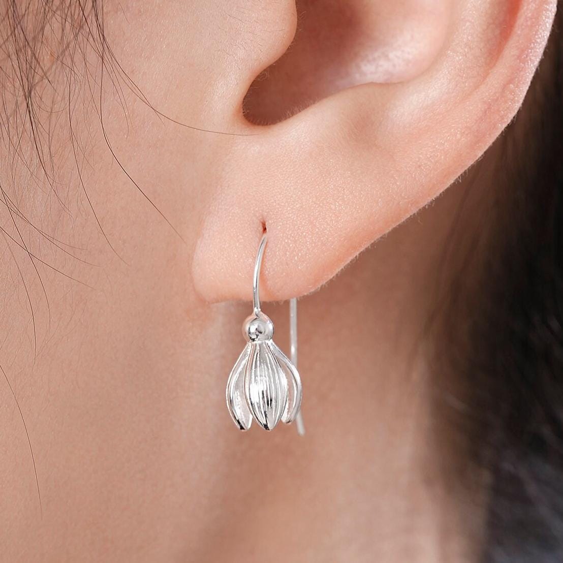 Delicate Snowdrop Flower Drop Earrings in Sterling Silver, Silver and Gold, Nature Inspired Flower Earrings, January Birth Flower, Botanical