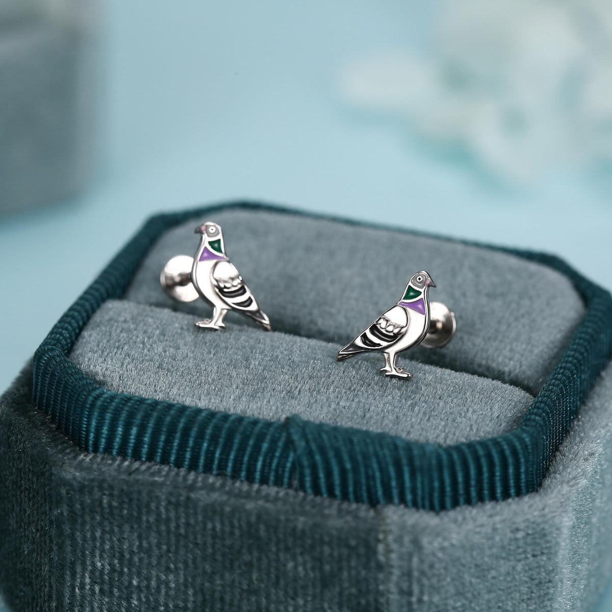 Sterling Silver Enamel Pigeon 16G Flat Back Labret Earrings