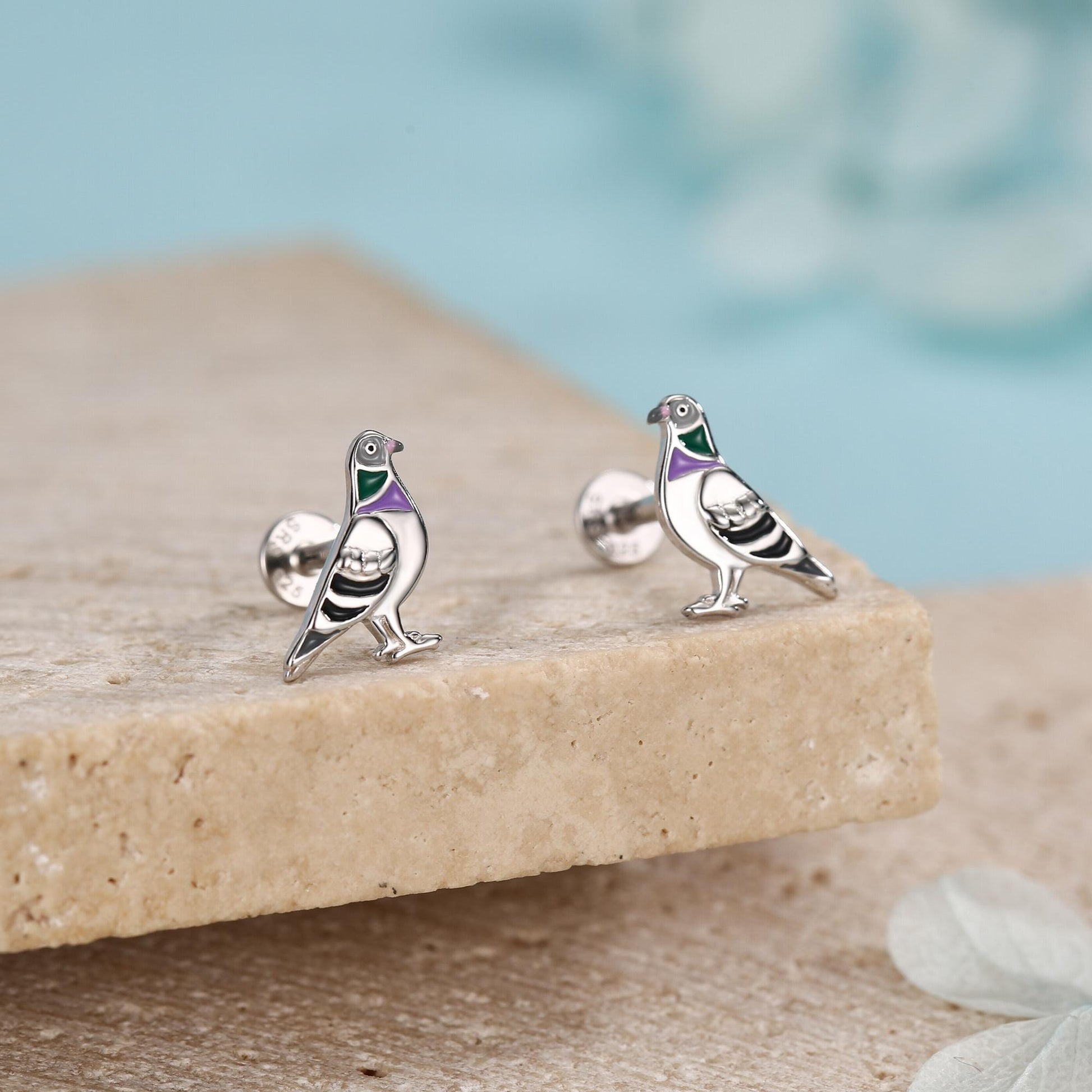 Sterling Silver Enamel Pigeon 16G Flat Back Labret Earrings