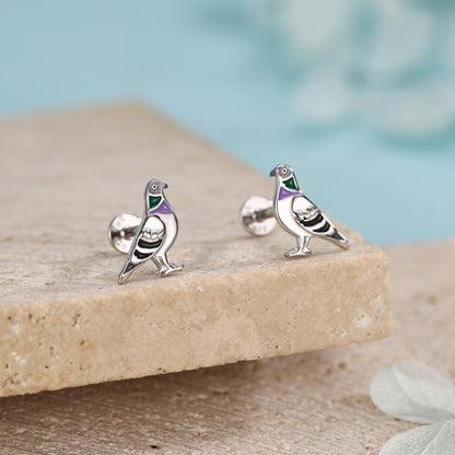 Sterling Silver Enamel Pigeon 16G Flat Back Labret Earrings