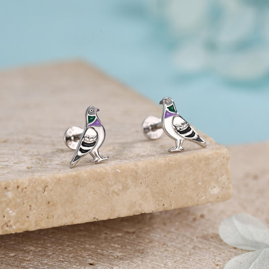 Sterling Silver Enamel Pigeon 16G Flat Back Labret Earrings