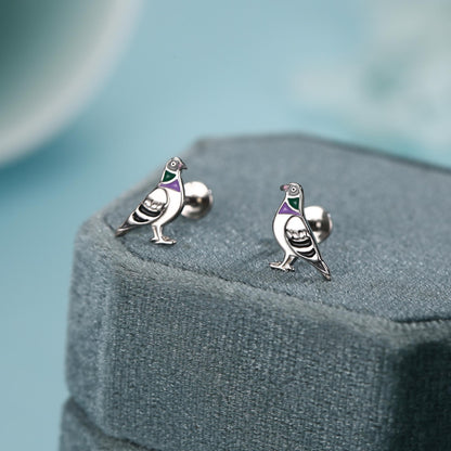 Sterling Silver Enamel Pigeon 16G Flat Back Labret Earrings