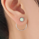 Double Circle Aqua Green Opal Ear Jacket in Sterling Silver, Two Way Detachable Circle Earrings, Front and Back Lab Opal Earring