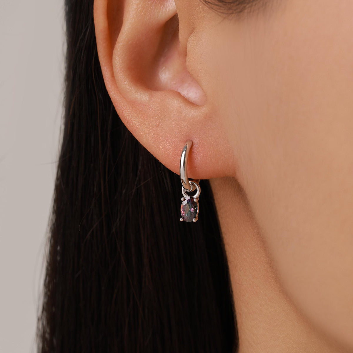 Oval Aurora Black CZ Huggie Hoop in Sterling Silver, Silver or Gold, Mystic Topaz CZ Crystal Hoop Earrings, Detachable and Interchangeable