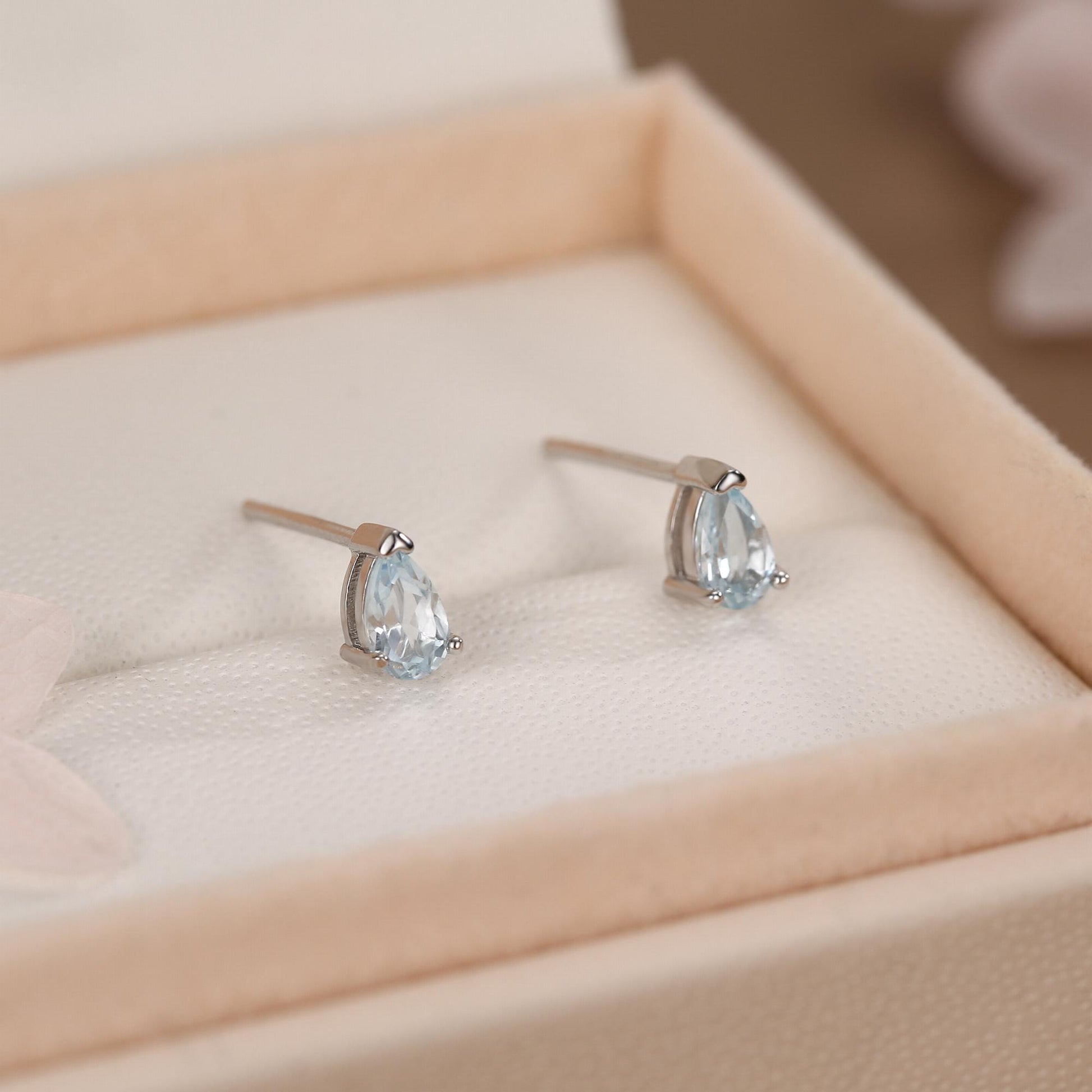 Genuine Swiss Blue Topaz Crystal Droplet Stud Earrings in Sterling Silver, Natural Blue Topaz Pear Shape Stud Earrings, March Birthstone