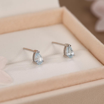 Genuine Swiss Blue Topaz Crystal Droplet Stud Earrings in Sterling Silver, Natural Blue Topaz Pear Shape Stud Earrings, March Birthstone