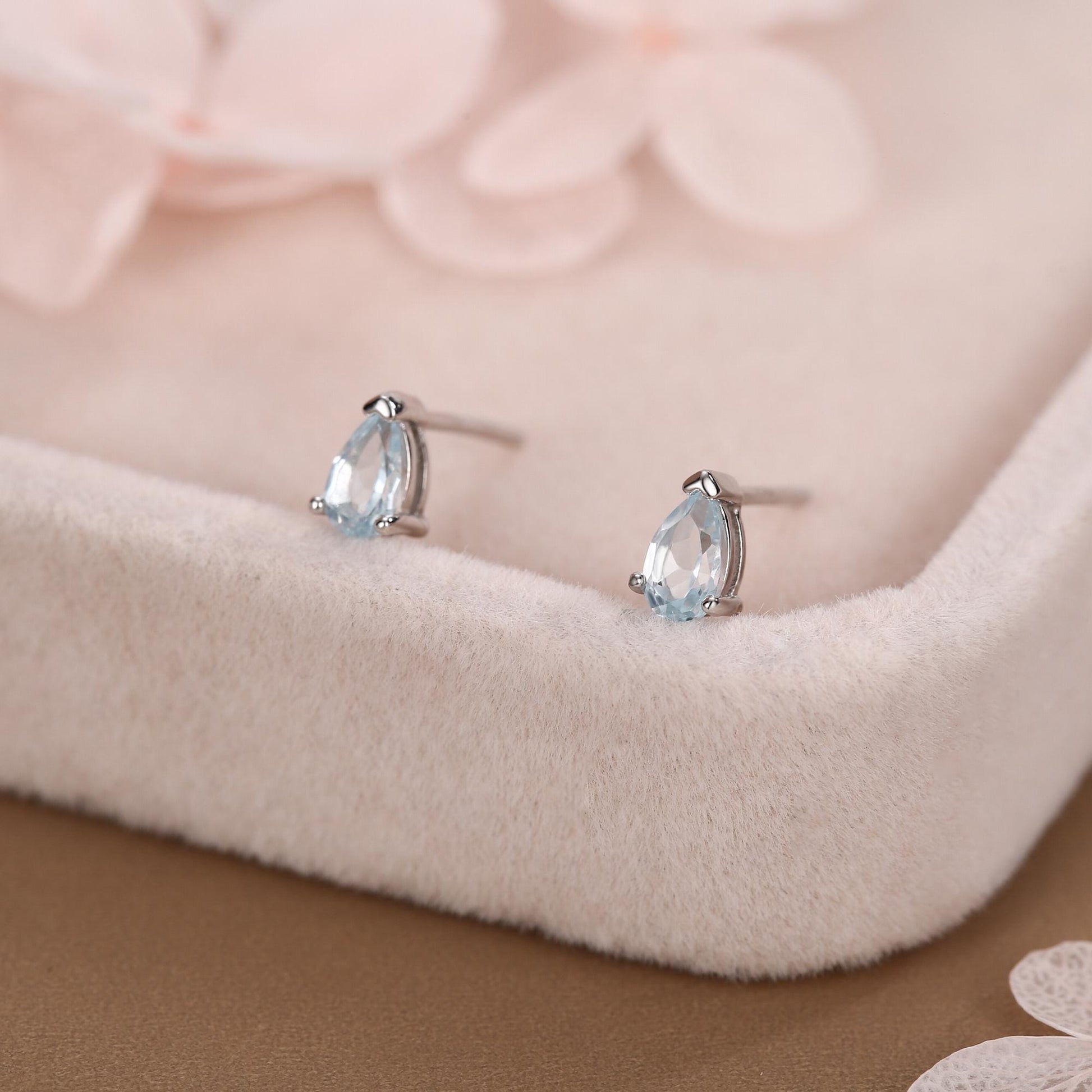 Genuine Swiss Blue Topaz Crystal Droplet Stud Earrings in Sterling Silver, Natural Blue Topaz Pear Shape Stud Earrings, March Birthstone