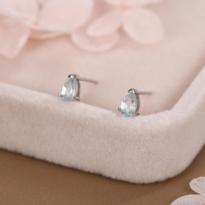 Genuine Swiss Blue Topaz Crystal Droplet Stud Earrings in Sterling Silver, Natural Blue Topaz Pear Shape Stud Earrings, March Birthstone