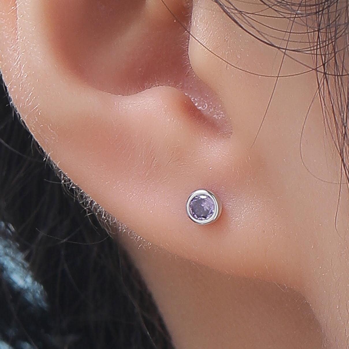 Amethyst Purple CZ Bezel 16G Internally Threaded Flat Back Earrings in Sterling Silver