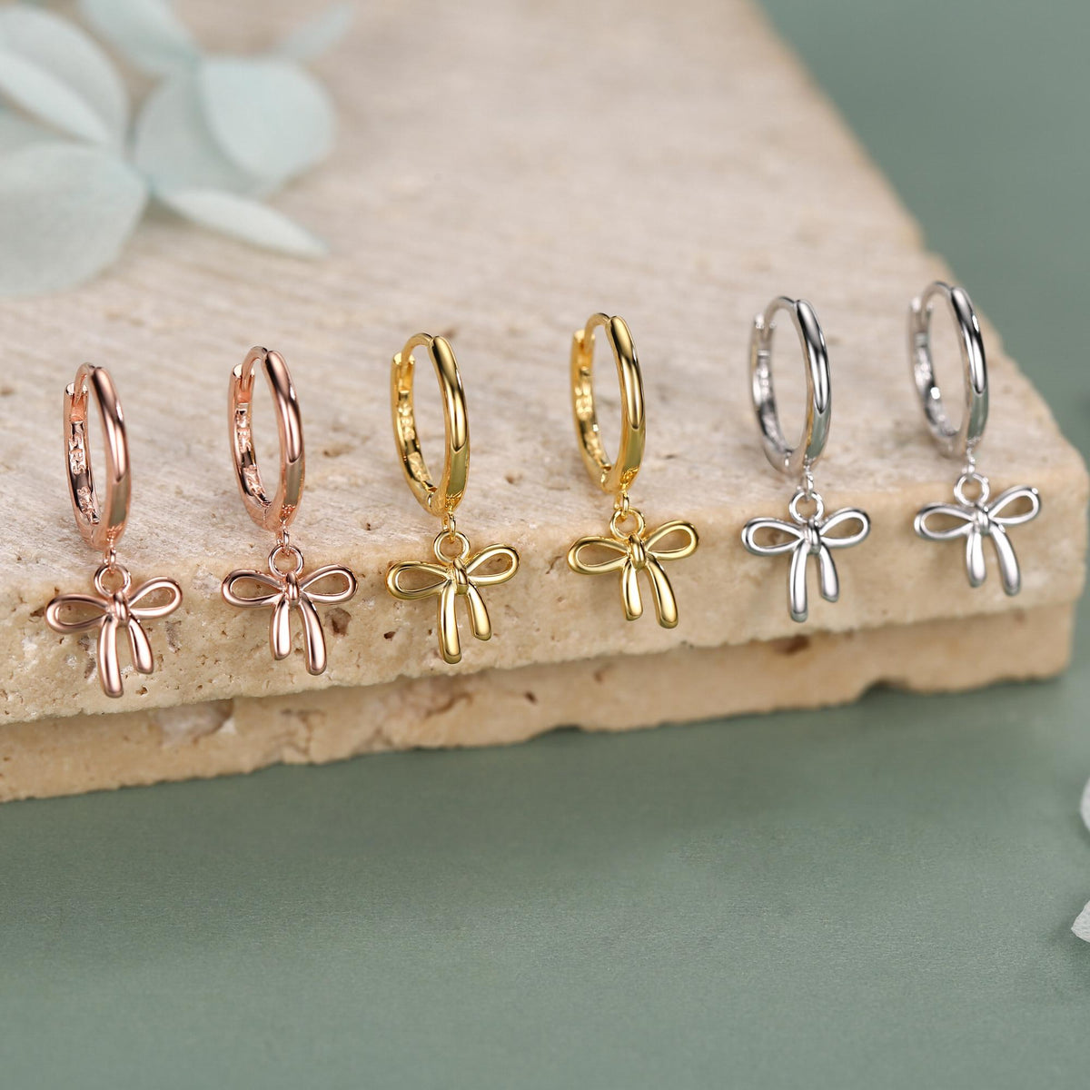 Ribbon Bow Huggie Hoop Earrings in Sterling Silver, Silver or Gold or Rose Gold, Ribbon Bow Earrings, Ribbon Bow Huggies
