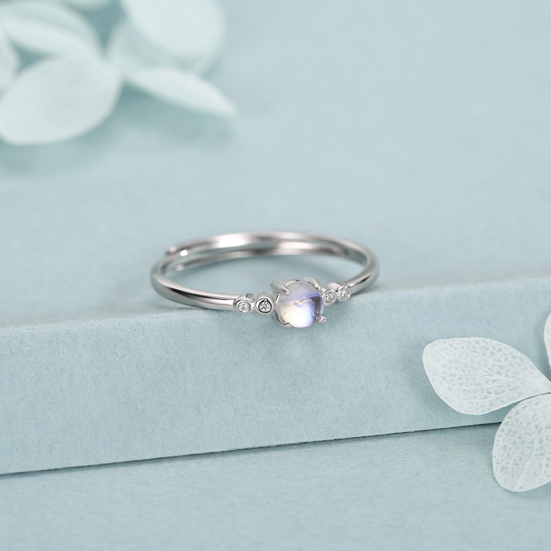 Tiny Moonstone Ring in Sterling Silver, Adjustable Size, 4mm Moonstone Ring, Prong Set, Lab Moonstone Ring, Delicate Stacking Ring,
