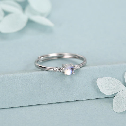 Tiny Moonstone Ring in Sterling Silver, Adjustable Size, 4mm Moonstone Ring, Prong Set, Lab Moonstone Ring, Delicate Stacking Ring,