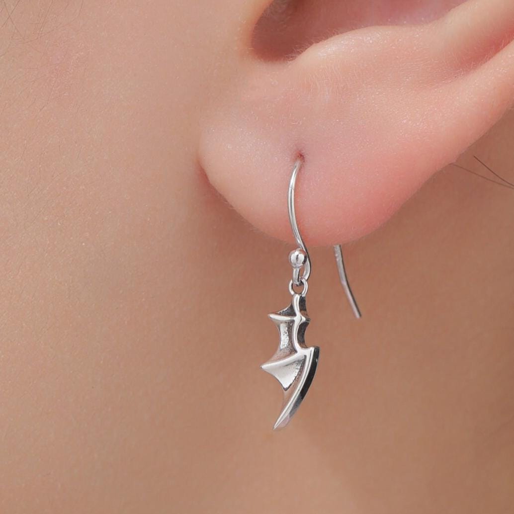 Tiny Bat Wing Drop Earrings in Sterling Silver, Silver or Gold or Rose Gold, Demon Wing Earrings, Devil Wing Earrings, Oxidised Silver