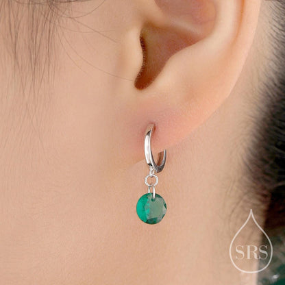Dangle Emerald Green CZ Huggie Hoop Earrings in Sterling Silver, Silver or Gold, Delicate Sparky CZ Skinny Hoops, Dark Green Crystal Hoops