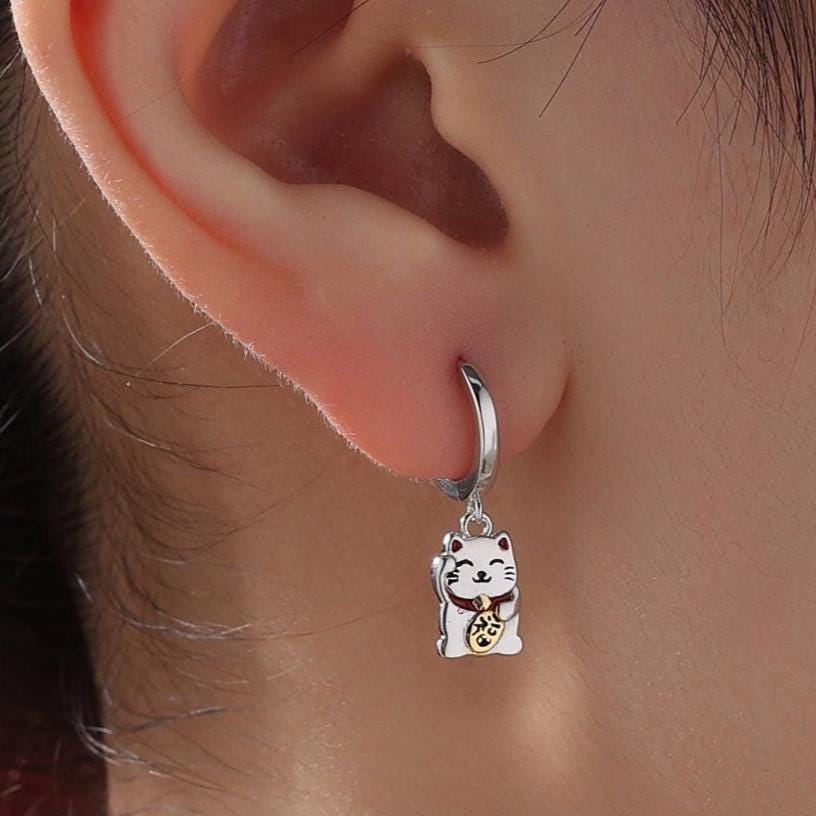 Super Cute Japanese Maneki-neko Cat Huggie Earrings in Sterling Silver - Cute Money Cat, Waving Cat Hoops