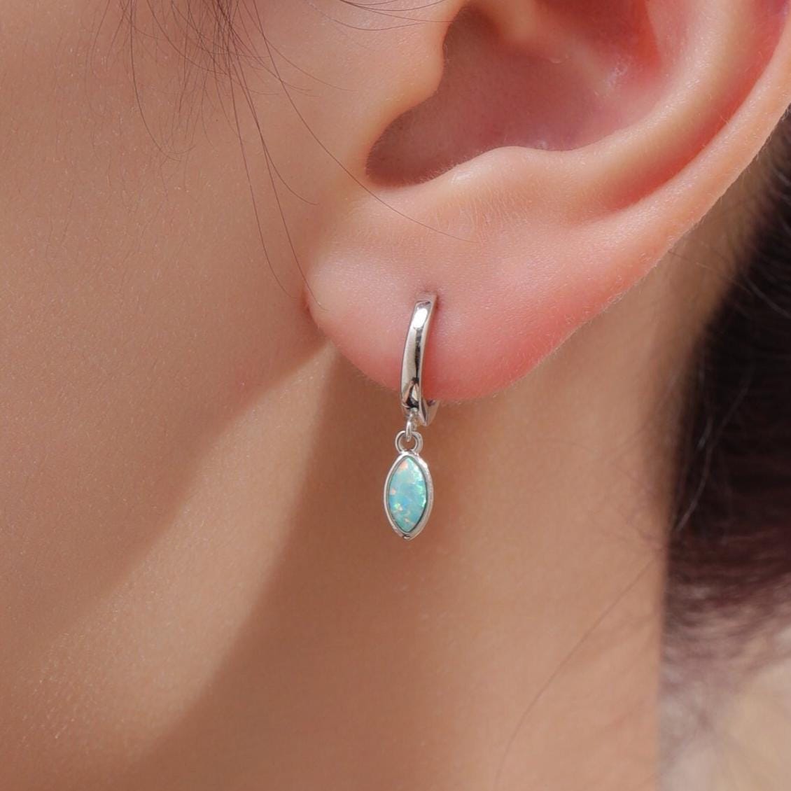 Marquise Aqua Green Opal Huggie Hoops in Sterling Silver, 8mm Opal Hoops, Silver or Gold, Fire Opal Earring