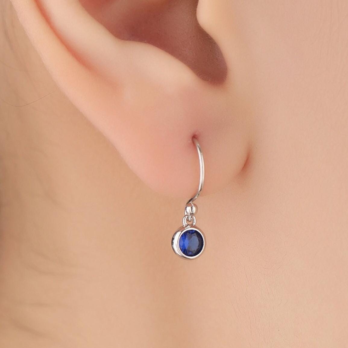 Tiny Sapphire Blue CZ Drop Earrings in Sterling Silver, Cubic Zirconia Hook Earrings, Silver, Gold or Rose Gold, Minimal Earrings