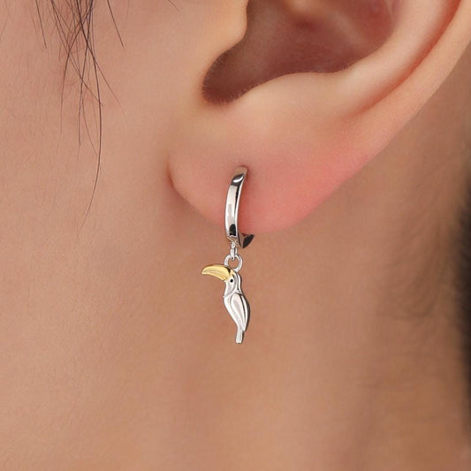 Super Cute Toucan Bird Huggie Hoop Earrings in Sterling Silver - Cute Bird Hoop Earrings, Toucan Earrings