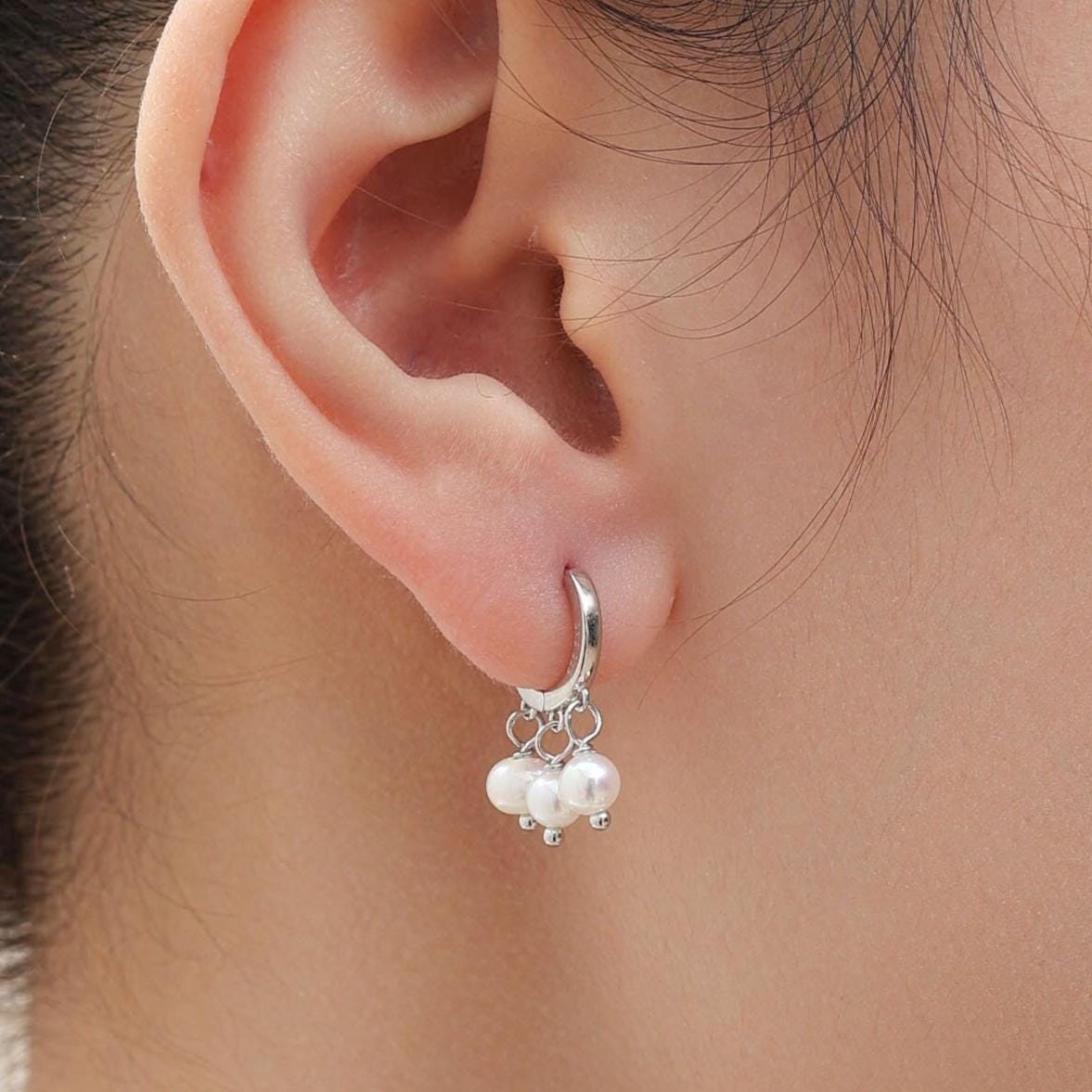 Genuine Freshwater Pearl Trio Huggie Hoop Earrings in Sterling Silver, Real Pearl Cluster Dangle Earrings, Gold and Silver