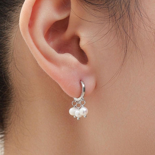 Genuine Freshwater Pearl Trio Huggie Hoop Earrings in Sterling Silver, Real Pearl Cluster Dangle Earrings, Gold and Silver