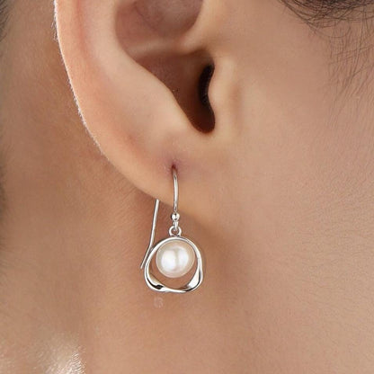 Genuine Freshwater Pearl and Mobius Circle Drop Hook Earrings in Sterling Silver, Delicate Keshi Pearl Halo Earrings, Genuine Pearls