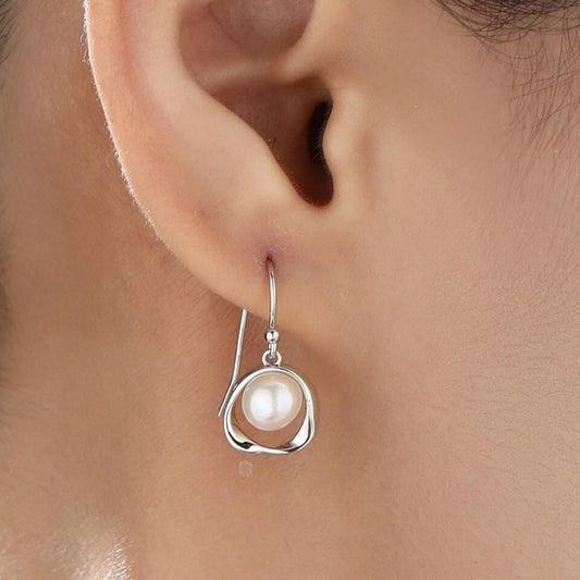 Genuine Freshwater Pearl and Mobius Circle Drop Hook Earrings in Sterling Silver, Delicate Keshi Pearl Halo Earrings, Genuine Pearls