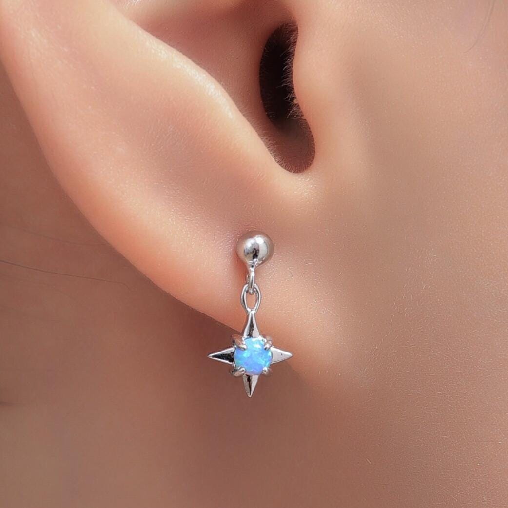 Tiny Blue Opal Star Dangle Stud Earrings in Sterling Silver, Silver or Gold, Lab Opal Star Earrings, Sunburst Earrings, Celestial