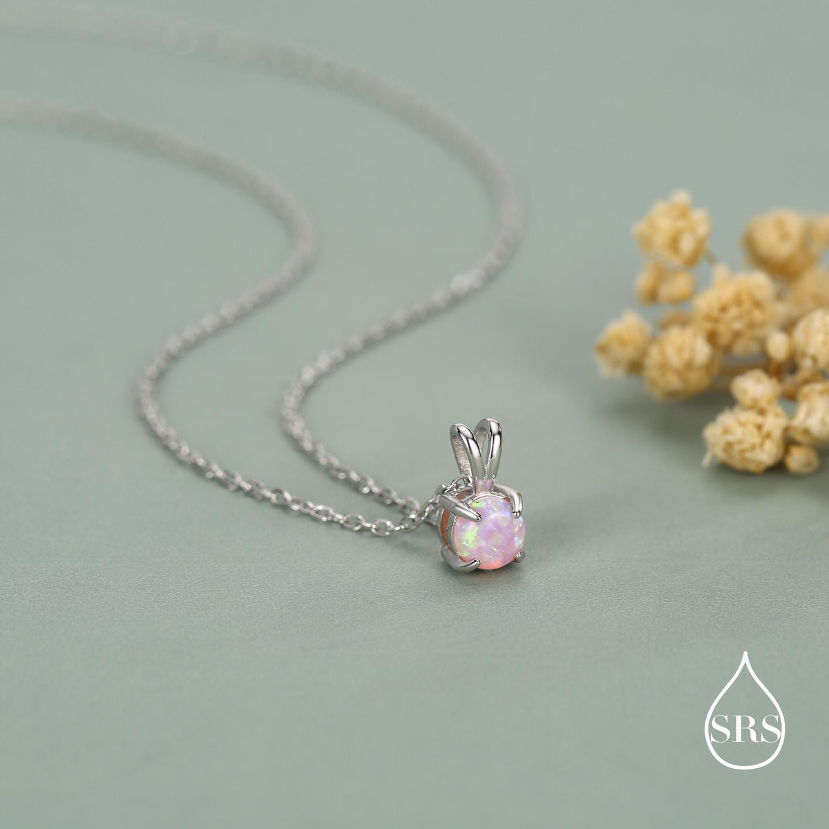 Tiny Pink Opal Pendant Necklace in Sterling Silver, 5mm Lab Opal Necklace, Single Opal Necklace, Fire Opal Necklace
