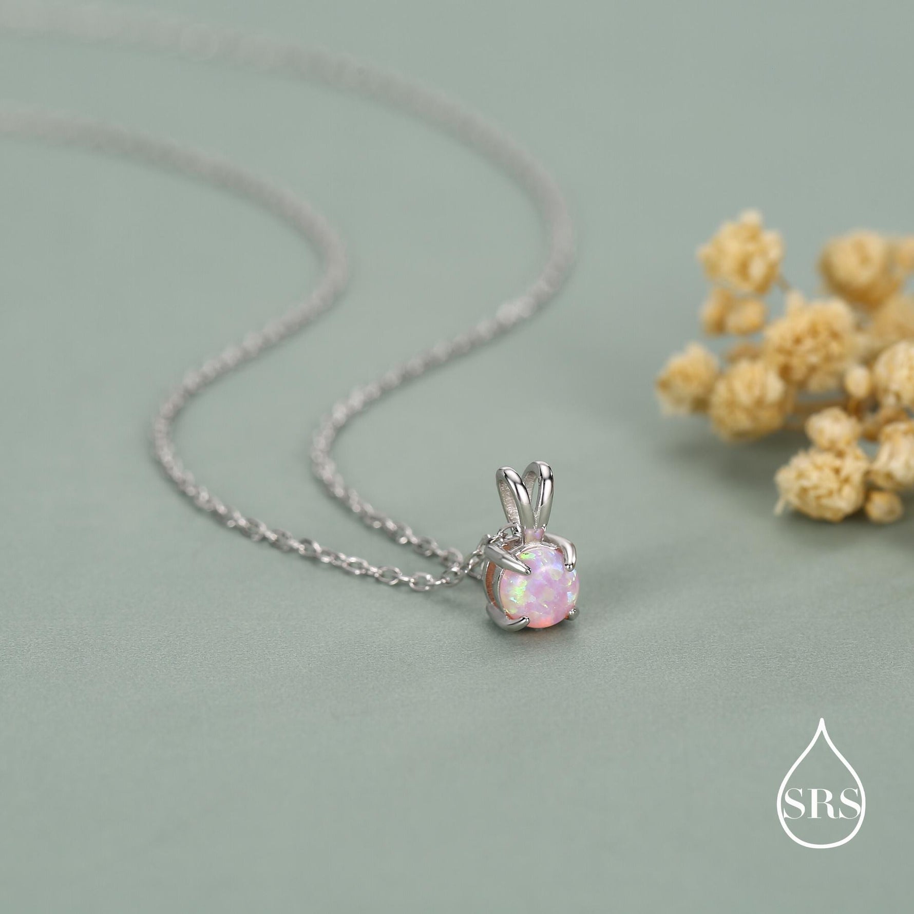 Tiny Pink Opal Pendant Necklace in Sterling Silver, 5mm Lab Opal Necklace, Single Opal Necklace, Fire Opal Necklace