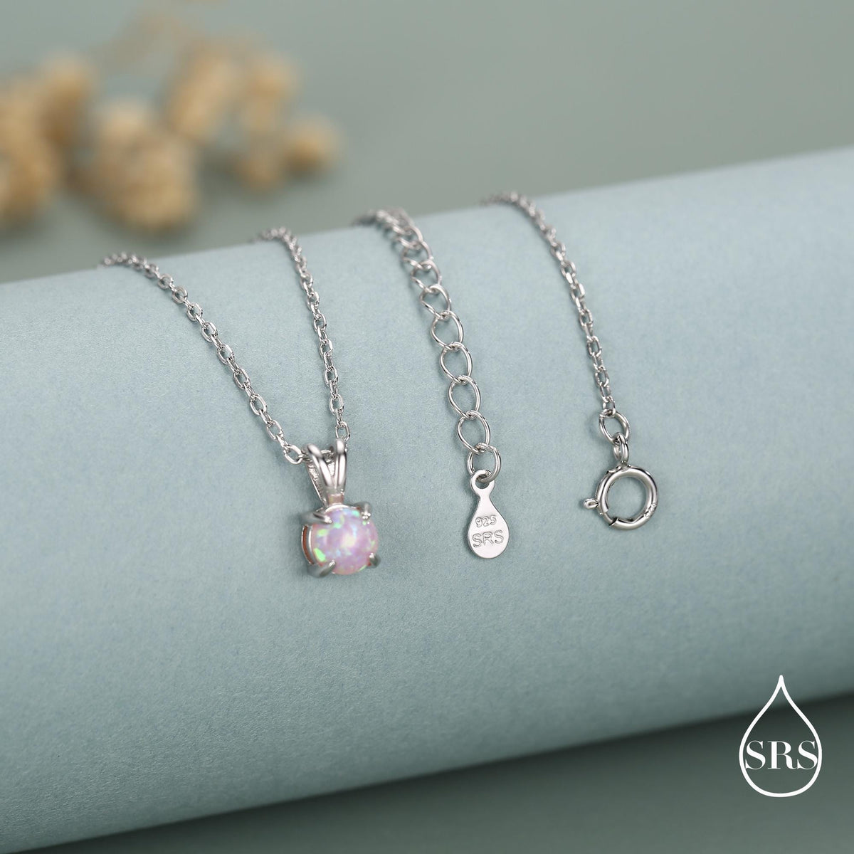Tiny Pink Opal Pendant Necklace in Sterling Silver, 5mm Lab Opal Necklace, Single Opal Necklace, Fire Opal Necklace